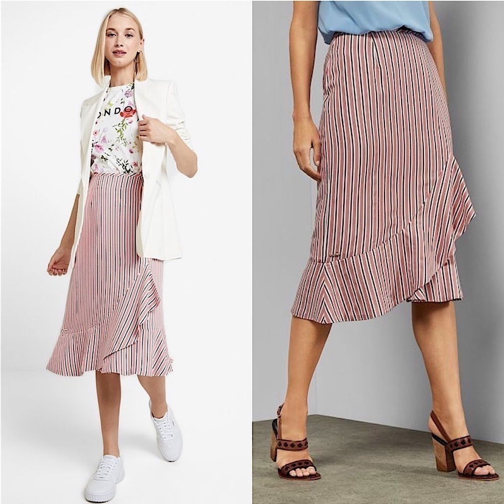 TED BAKER Striped Faux Wrap Ruffle Flounce Hem Old Money Coquette Midi Skirt 6